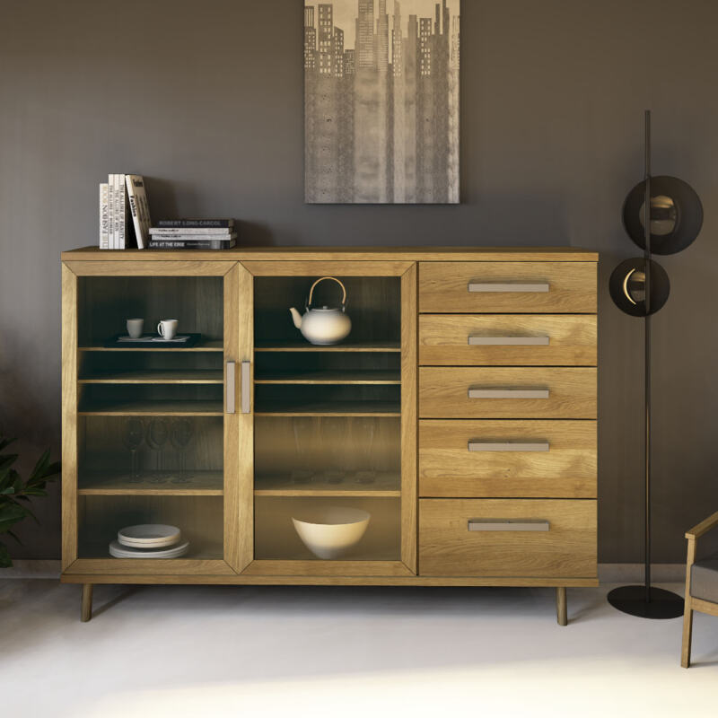 Massives Sideboard mit Glastüren 200 cm - Retrofüße Eiche Massives Sideboard mit Glastüren 200 cm - Retrofüße Eiche von Göhring