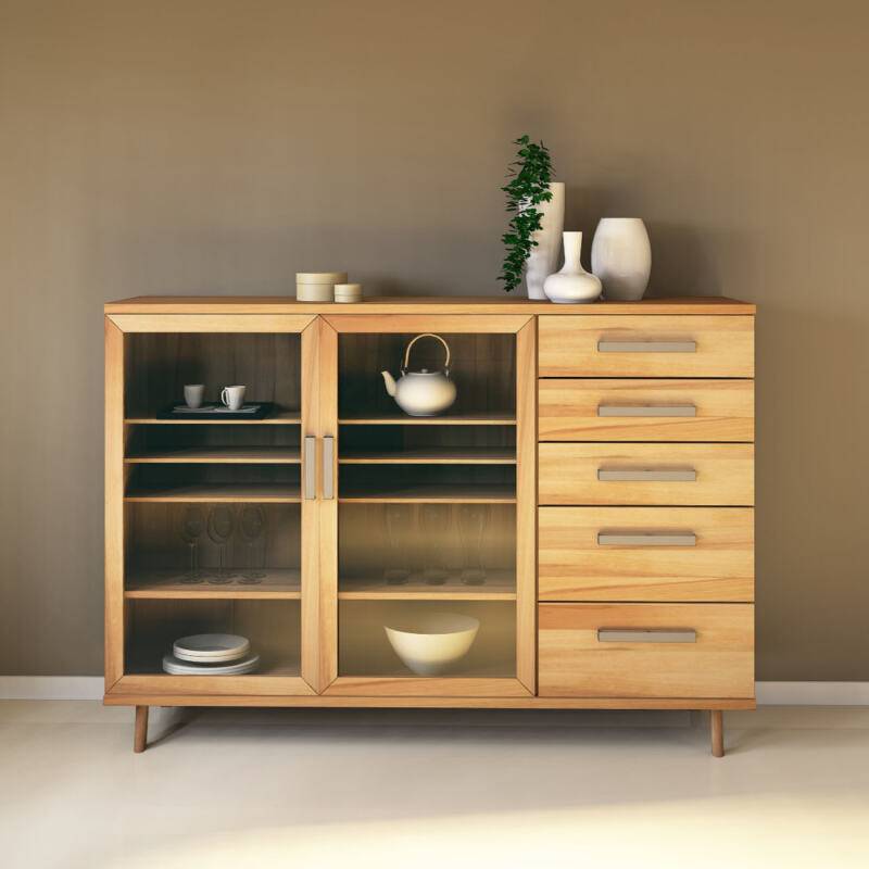 Massives Sideboard mit Glastüren 200 cm - Retrofüße Kernbuche von Göhring