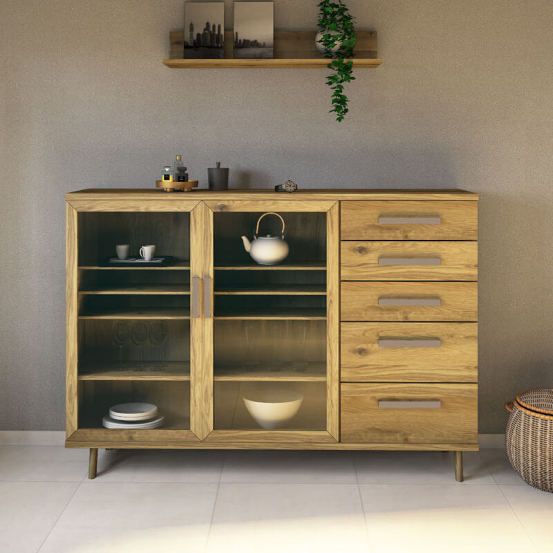 Massives Sideboard mit Glastüren 200 cm - Retrofüße Wildeiche Massives Sideboard mit Glastüren 200 cm - Retrofüße Wildeiche von Göhring