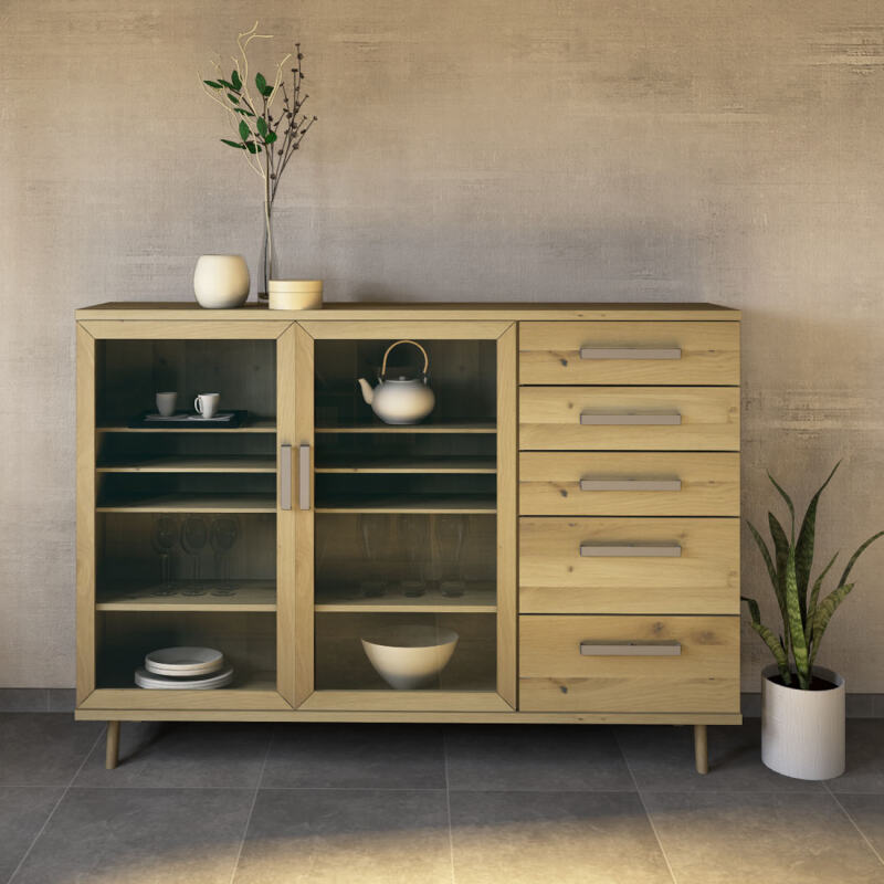 Massives Sideboard mit Glastüren 200 cm - Retrofüße Wildeiche weiß geölt Massives Sideboard mit Glastüren 200 cm - Retrofüße Wildeiche weiß geölt von Göhring
