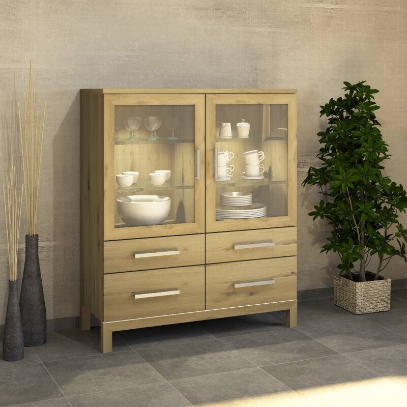 Massivholz Esszimmer Highboard mit Glastüren Wildeiche weiß geölt von Göhring
