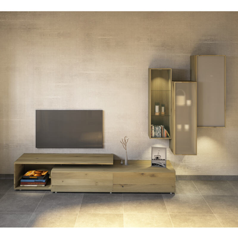 Massivholz TV-Wohnwand mit Hängeschränken Wildeiche weiß geölt Massivholz TV-Wohnwand mit Hängeschränken Wildeiche weiß geölt von Göhring