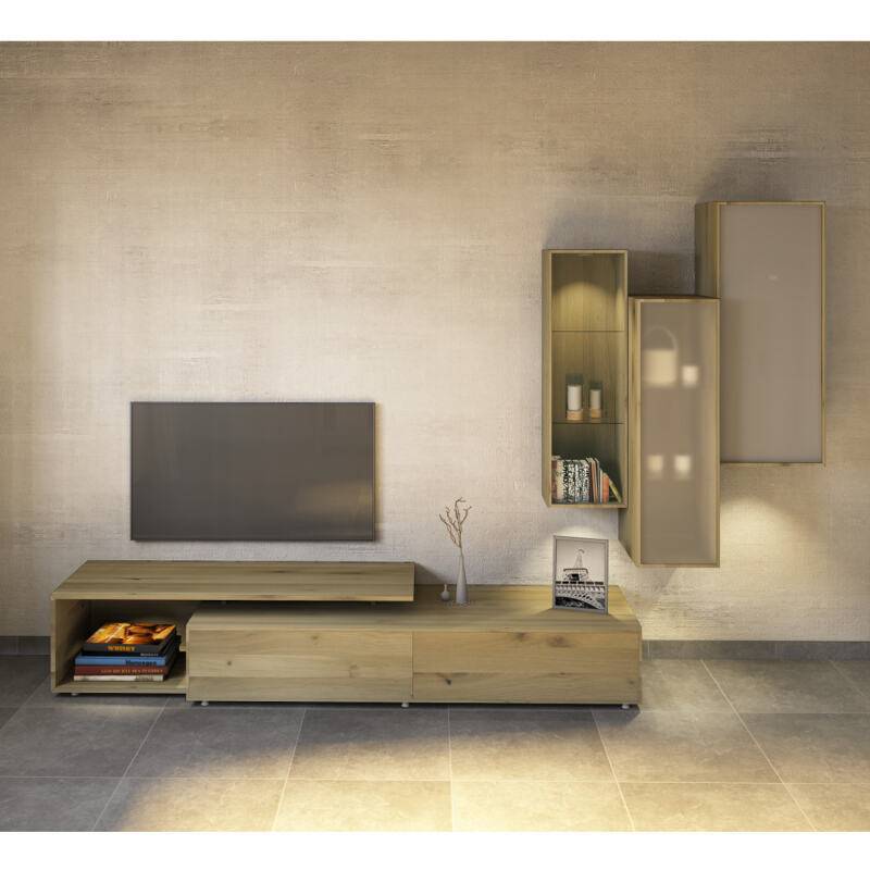 Massivholz TV-Wohnwand mit Hängeschränken Wildeiche weiß geölt Massivholz TV-Wohnwand mit Hängeschränken Wildeiche weiß geölt von Göhring