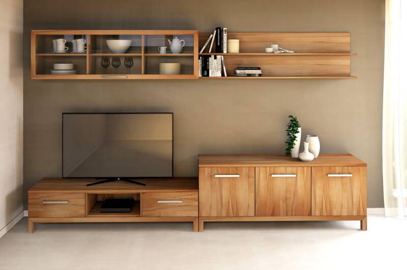 Moderne Massivholz TV-Wohnwand mit Hängevitrine Kernbuche von Göhring