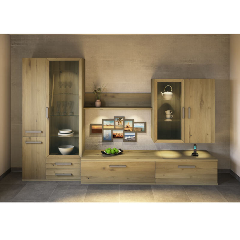 Moderne Wohnzimmer TV-Wand mit Vitrine Wildeiche weiß geölt Moderne Wohnzimmer TV-Wand mit Vitrine Wildeiche weiß geölt von Göhring