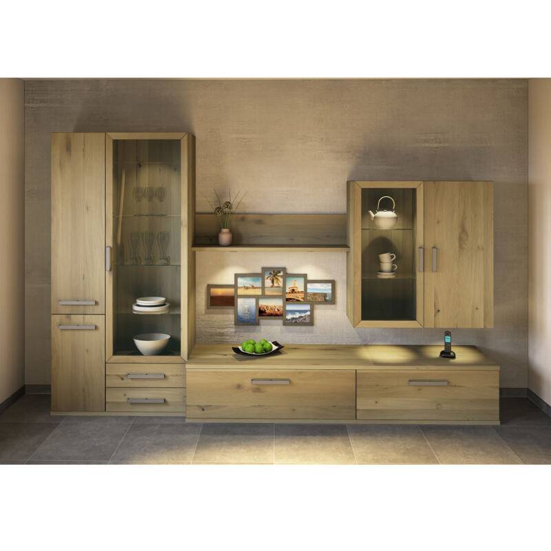 Moderne Wohnzimmer TV-Wand mit Vitrine Wildeiche weiß geölt Moderne Wohnzimmer TV-Wand mit Vitrine Wildeiche weiß geölt von Göhring