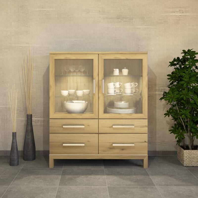 Niedrige Esszimmer Vitrine mit Glastüren Massivolz LINO Wildeiche weiß geölt von Göhring
