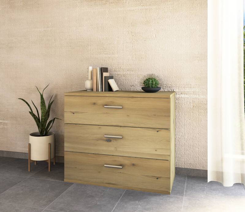 Schlafzimmer Kommode mit drei Schubladen Flachsockel Wildeiche weiß geölt Schlafzimmer Kommode mit drei Schubladen Flachsockel Wildeiche weiß geölt von Göhring