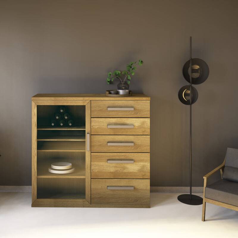 Sideboard mit Glastür und Schubladen aus Massivholz Eiche von Göhring