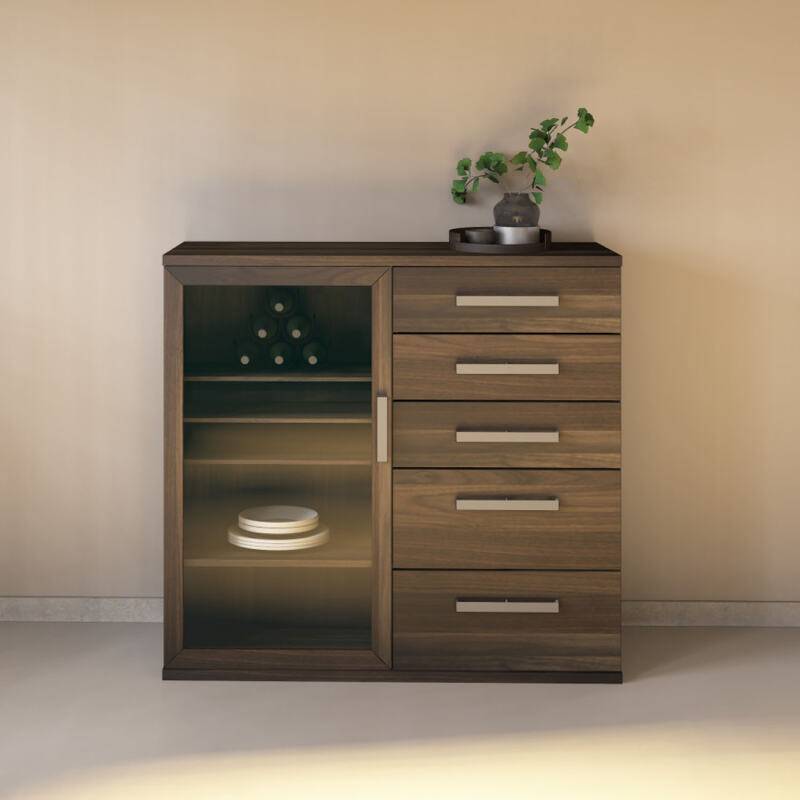 Sideboard mit Glastür und Schubladen aus Massivholz Nussbaum von Göhring