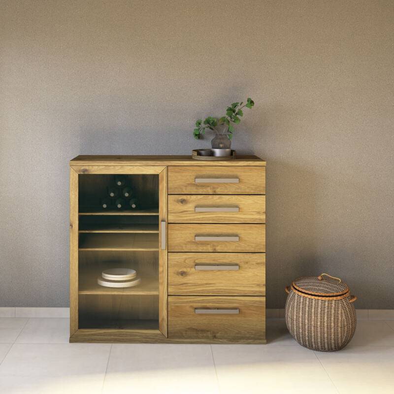 Sideboard mit Glastür und Schubladen aus Massivholz Wildeiche von Göhring