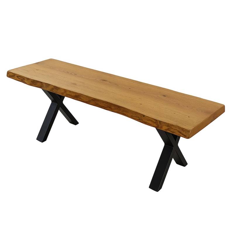 Sitzbank Wildeiche geölt, schwarzes X-Gestell - Baumkante 180 x 40 cm Sitzbank Wildeiche geölt, schwarzes X-Gestell - Baumkante 180 x 40 cm von Göhring