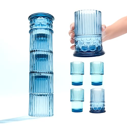 Handgefertigtes stapelbares Set mit 4 Gläsern mit römischen Säulen, Trinkgläser, natürliches blaues Glas, witziges Geschenk, Dinner-Party, Cocktail, Wasser, Saft, Kaffee, Tassen, 4 Stück, 250 ml Handgefertigtes stapelbares Set mit 4 Gläsern mit römischen Säulen, Trinkgläser, natürliches blaues Glas, witziges Geschenk, Dinner-Party, Cocktail, Wasser, Saft, Kaffee, Tassen, 4 Stück, 250 ml von Gökotta