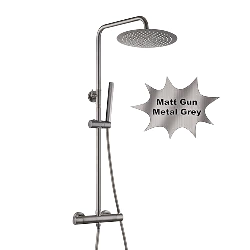 Görbach Regen Duschset mit Duscharmatur Komplettset, Edelstahl Duschsystem mit Thermostat Mischbatterie, Handbrause, Duschstange, Überkopfbrause D25cm Gunmetal Grau von Görbach