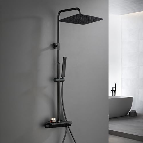 Görbach Regendusche Duschset mit Duscharmatur Komplettset-Edelstahl Duschsystem mit Thermostatarmatur, Überkopfbrause, Handbrause, Duschstange Matt Schwarz (3525MB) von Görbach