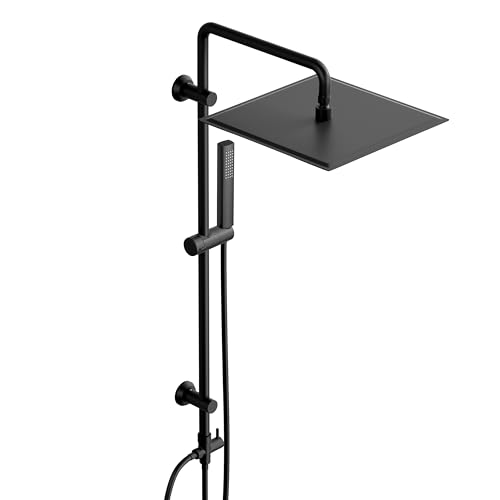 Görbach Regendusche Duschsystem ohne Armatur, Edelstahl Duschset mit 92cm Duschstange, Eckig XXL Überkopfbrause 30 * 30cm Schwarz von Görbach
