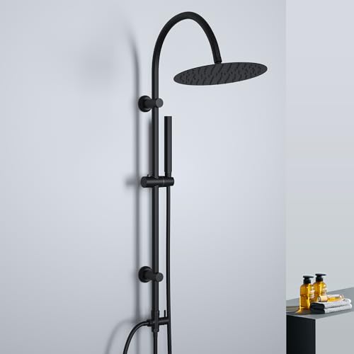 Görbach Regendusche Duschsystem ohne Armatur, Edelstahl Duschset mit Rund Kopfbrause XL D25cm, Vintage U-förmige Duschstange Schwarz von Görbach
