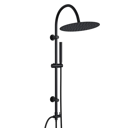 Görbach Regendusche Duschsystem ohne Armatur, Edelstahl Duschset mit Rund Kopfbrause XXL D30cm, Vintage U-förmige Duschstange Schwarz von Görbach