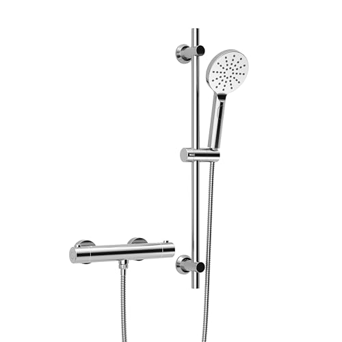 Görbach Thermostat Duscharmatur mit Duschstangen-Set, Thermostat-Brausebatterie mit Brausegarnitur, Thermostat Mischbatterie Dusche + Edelstahl Brausestangeset 70cm, Rund Chrom von Görbach