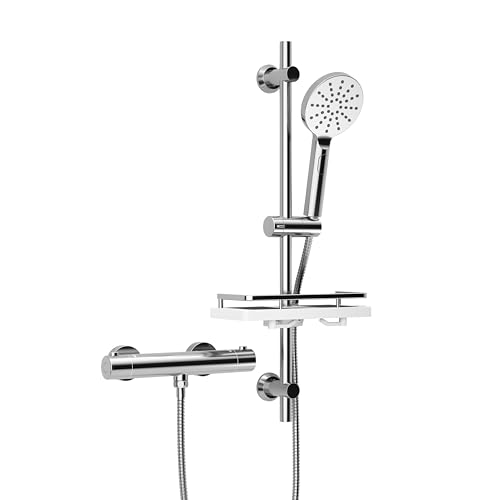Görbach Thermostat Duschsystem mit Duscharmatur und Duschstangeset mit Duschablage, Thermostat Mischbatterie Dusche + Edelstahl Brausestangeset 70cm mit Handbrause und Schlauch, Rund Chrom von Görbach