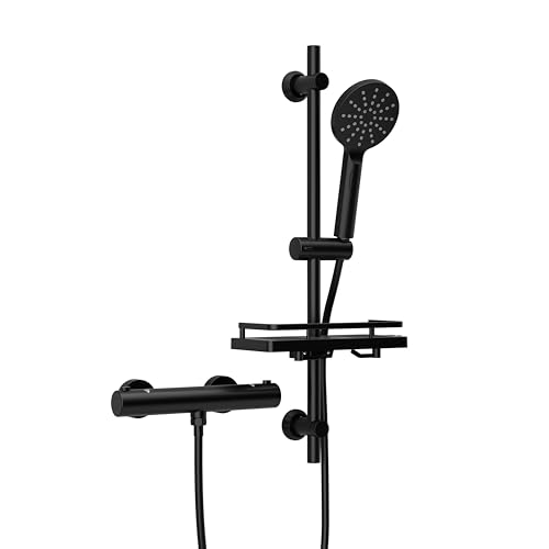Görbach Thermostat Duschsystem mit Duscharmatur und Duschstangeset mit Duschablage, Thermostat Mischbatterie Dusche + Edelstahl Brausestangeset 70cm, DSD12 Matt Schwarz von Görbach