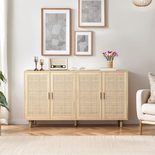 158CM Eleganter und funktioneller 4-türiger Rattan Schrank für Schlafzimmer, Wohnzimm (Natürlich) von Goeria