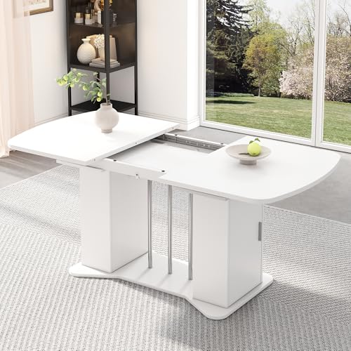 Ausziehbarer Esstisch 120/160 x 80 cm, moderner Stil, versilberte Metallbeine, mit Stauraum, multifunktionaler Esstisch, geeignet für 4-6 Personen, weiß + versilberte Beine von Goeria