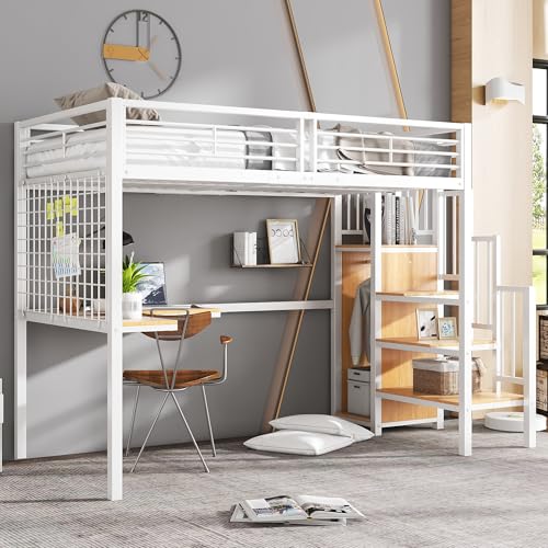Eisenbett, Etagenbett, Hochbett 90x200cm, Geeignet für Kinder und Jugendliche, mit Tisch und Kleiderschrank, Eisen+Spanplatte, Seitenleiter mit Handlauf(Weiß+Natur) von Goeria