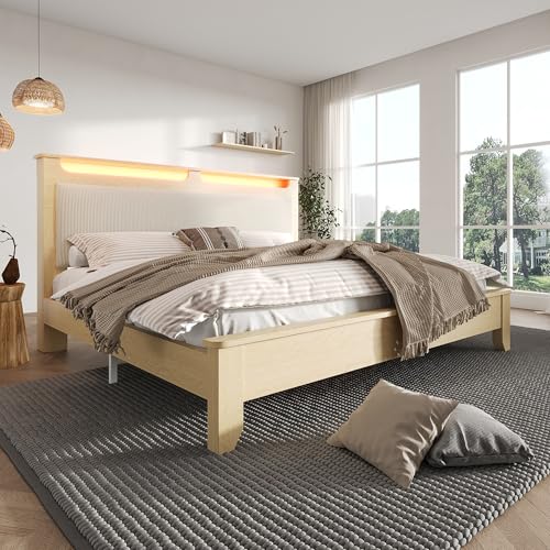 Goeria Doppelbett Holzbett 140×200cm, Kopfteil mit Stauraum, LED-Beleuchtung und Beigefarbener Cordpolster-Rückenlehne, Bettrahmen mit Holzlatten, Heller Eiche(Ohne Matratze&Bettbank) von Goeria