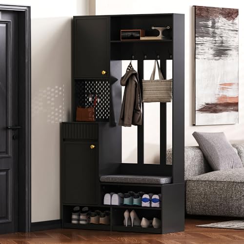 Goeria Garderobenset, Komplett-Set Flurgarderobe mit Sitzbank, 4 Haken, Türen & Schubladen - Schwarz, Kompaktmaße 100×180×35 cm (B×H×T) von Goeria