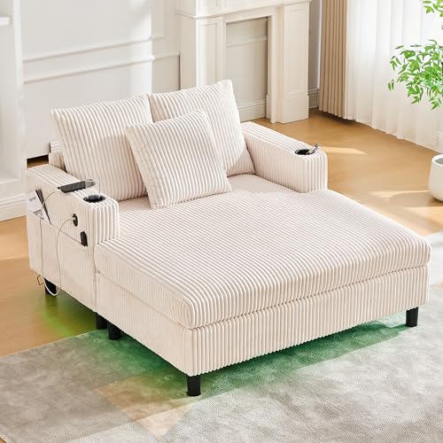 Goeria Großzügiger, weicher Chaiselongue-Liegesessel mit seitlichen Getränkehaltern, USB-Anschlüssen– perfekt für Wohnzimmer, Schlafzimmer oder Wintergarten (Beige) von Goeria