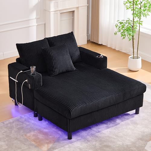 Goeria Großzügiger, weicher Chaiselongue-Liegesessel mit seitlichen Getränkehaltern, USB-Anschlüssen– perfekt für Wohnzimmer, Schlafzimmer oder Wintergarten (Schwarz) von Goeria