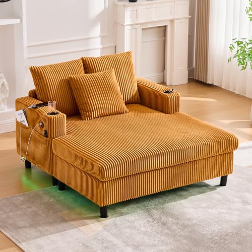 Goeria Großzügiger, weicher Chaiselongue-Liegesessel mit seitlichen Getränkehaltern, USB-Anschlüssen– perfekt für Wohnzimmer, Schlafzimmer oder Wintergarten (Senf) von Goeria