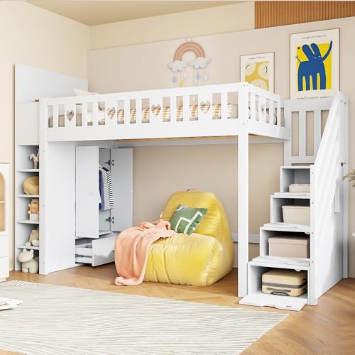 Goeria Hochbett, 90x200cm, Stauraumleiter, Regale, klappbarer Stauschrank, Geländer in Liebesform, freier Platz unter dem Bett zum Verkleiden, ohne Matratze, Weiß Goeria Hochbett, 90x200cm, Stauraumleiter, Regale, klappbarer Stauschrank, Geländer in Liebesform, freier Platz unter dem Bett zum Verkleiden, ohne Matratze, Weiß von Goeria