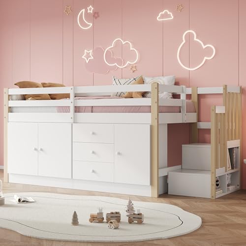 Goeria Kinderhochbett, Kinderbett 90×200cm, Einzelbett, Multifunktions-Kinderbett, mit Treppe, mit 2 Stauschränken und Wäschestange, mit Schubladen, ohne Matratze, weiß Goeria Kinderhochbett, Kinderbett 90×200cm, Einzelbett, Multifunktions-Kinderbett, mit Treppe, mit 2 Stauschränken und Wäschestange, mit Schubladen, ohne Matratze, weiß von Goeria