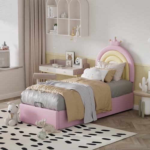 Goeria Polsterbett, Hydraulikbett,mit Lattenrost und Kopfteil, Jugendbett, für Erwachsene & Jugendliche, Holzlattenunterstützung, Einfache Montage, höhenverstellbares Kopfteil (Rosa, 90 x 200) von Goeria