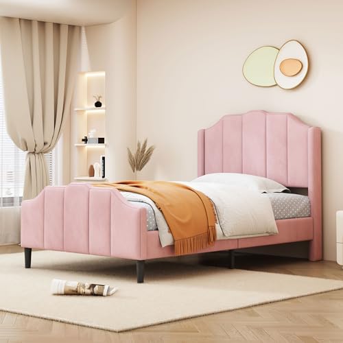 Goeria Polsterbett Kinderbett Bettrahmen mit Kopfteil,Doppelbett Jugendbett Gästebett, Fußteil und Lattenrost Rosa Samt gepolstertes (Rosa, 90x200 cm) von Goeria