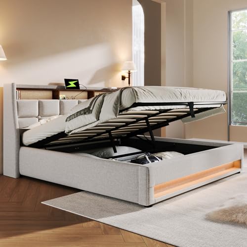 Goeria Polsterbett mit USB, LED Doppelbett mit Lattenrost aus Metallrahmen,Bettgestell aus Leinenmaterial Jugendbett (Beige 180×200cm Ohne Matratze) von Goeria