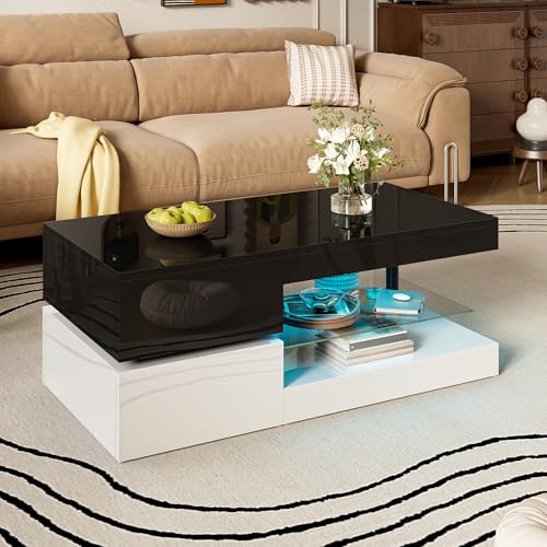 Moderner Couchtisch mit LED-Ambientebeleuchtung, APP- und Bluetooth-Steuerung, Glasablage & Hochglanz-Oberfläche, Schwarz-Weiß-Design für Wohnzimmer, 90x45x35,5 cm von Goeria