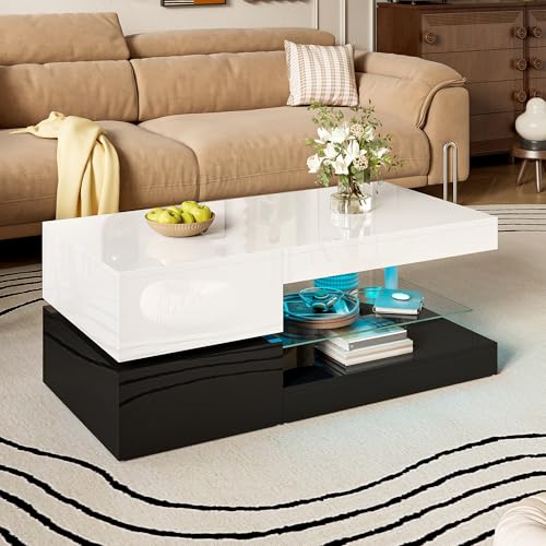 Moderner Couchtisch mit LED-Ambientebeleuchtung, APP- und Bluetooth-Steuerung, Glasablage & Hochglanz-Oberfläche, Schwarz-Weiß-Design für Wohnzimmer, 90x45x35,5 cm (Weiß + Schwarz) von Goeria