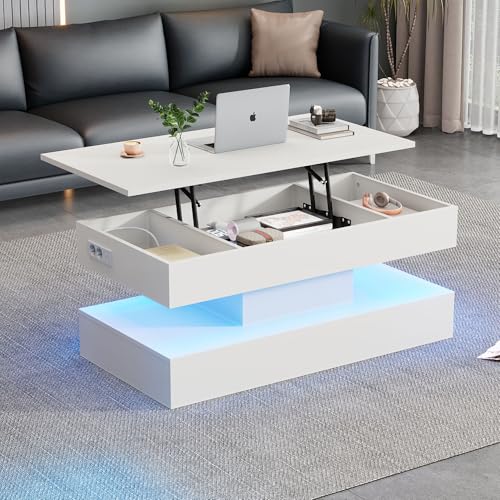 Moderner Couchtisch mit LED-Beleuchtung und verstecktem Stauraum - Beistelltisch mit hydraulischem Hub, 50 kg belastbar, 100×50×42 cm (Weiß) von Goeria