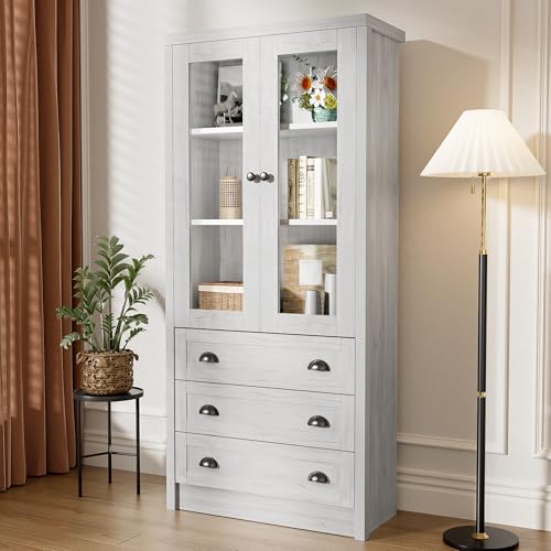 Moderner Highboard Schrank 80x34x171 cm – Holzoptik mit Glastüren, Büro & Flur, 3 Schubladen & Kupfergriffen – Stilvoller Stauraum für Wohnzimmer (3 Schubladen) von Goeria