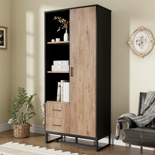 Moderner Highboard Schrank 80x40x180 cm – Holzoptik mit schwarzem Rahmen, mit Tür, Büro & Flur, 2 Schubladen & 3 offenen Fächern – Vielseitiger Stauraum für Wohnzimmer von Goeria