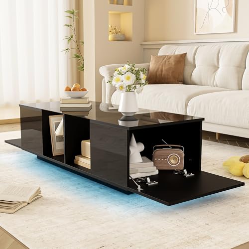 Moderner schwarzer Couchtisch mit LED-Beleuchtung, 120 x 50 x 38,5 cm, hochglänzender Tischplatte(Schwarz) von Goeria
