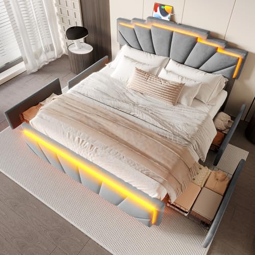Modernes Polsterbett Elegantes Design, 160x200 cm mit einzigartigem trapezförmigem Kopfteil, USB Type-C Anschluss, integrierter LED-Lichtleiste & 2-facher Höhenverstellung (Dunkelgrau) von Goeria