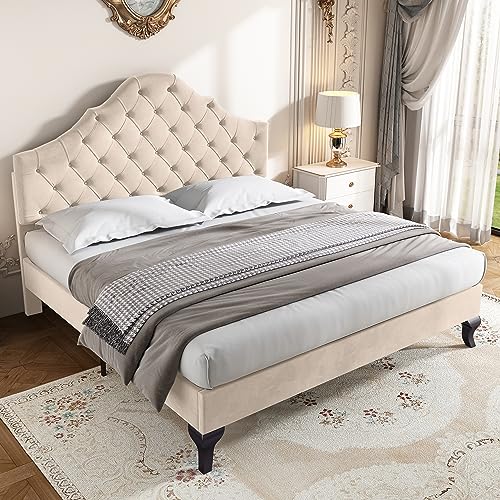 Polsterbett mit Lattenrost und Kopfteil, Polsterbett mit höhenverstellbares Kopfteil, für Erwachsene & Jugendliche, Einzelbett, Holzlattenunterstützung, Einfache Montage, Samt (beige, 140 x 190) von Goeria