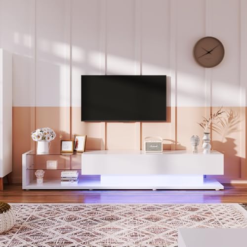 TV-Schränke, niedrige Paneele, hochglänzende weiße Glastrennwände und Variable LED-Beleuchtung. Es verbindet natürlichen, rustikalen Stil mit modernem Design. (Weiß) von Goeria