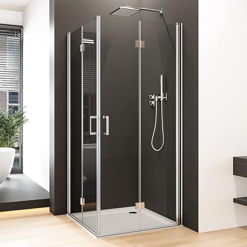 Duschkabine Eckeinstieg 90x90cm Falttür Duschabtrennung, Eckeinstieg Dusche mit Doppel Falttür Duschwand aus 6mm NANO Sicherheitsglas, Glas Leichte Reinigung, Komplettdusche 90x90x195cm von Goezes