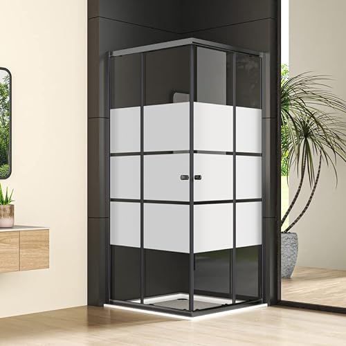 Duschkabine Eckeinstieg 90x90x185cm Schwarz Doppel Schiebetür Gestreift Duschabtrennung 6mm ESG Glas, Mattes Schwarz Schiebetüren Duschkabine Sicherheitsglas Duschwand, Duschtür Höhe 185cm von Goezes