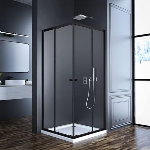 Duschkabine Eckeinstieg mit Doppelschiebetür Schwarz 90x90x185 cm, Schiebetüren Duschabtrennung Duschwand 6mm ESG gehärtetes Glas, Dusche Duschtür Höhe 185 cm von Goezes